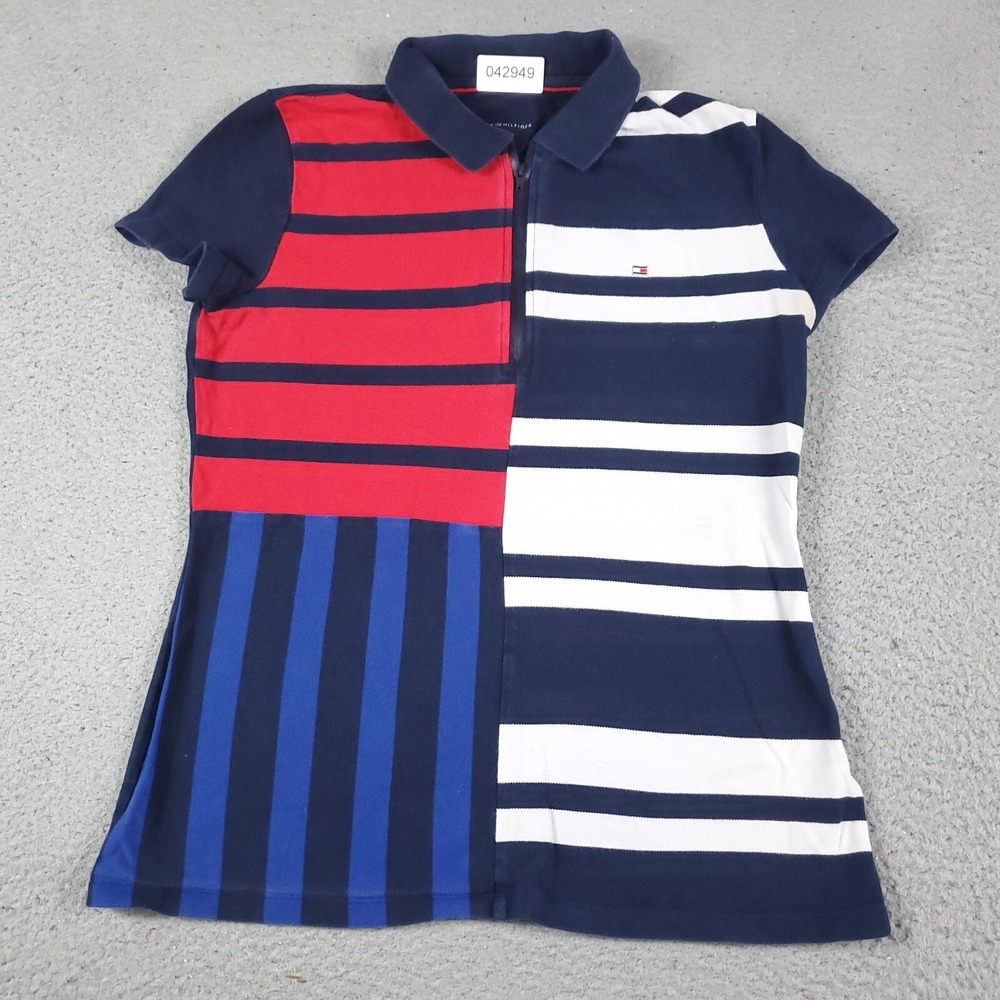 Tommy Hilfiger Polo Shirt Womens Medium Blue White Red Striped Short Sleeve M